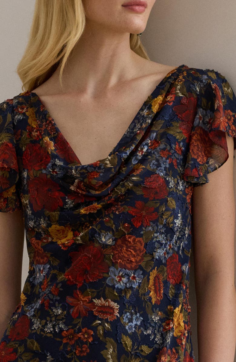 Lauren Ralph Lauren Floral Clipped Jacquard Cowl Neck Gown, Alternate, color, Navy Multi