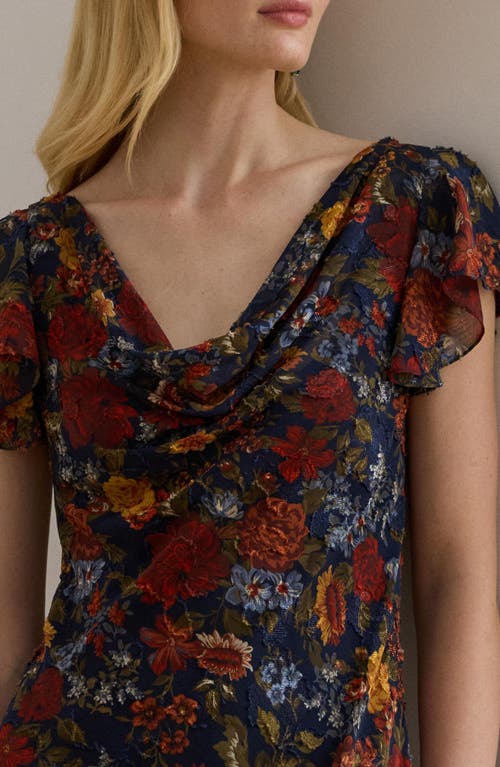 Ralph Lauren Floral Clipped Jacquard Cowlneck Gown In Brown