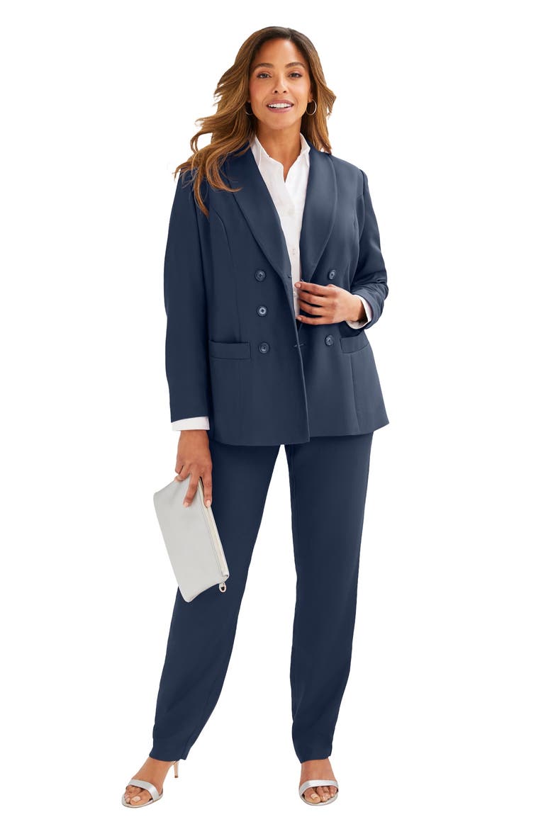 Double-Breasted Stretch Crepe Pantsuit, Main, color, NAVY