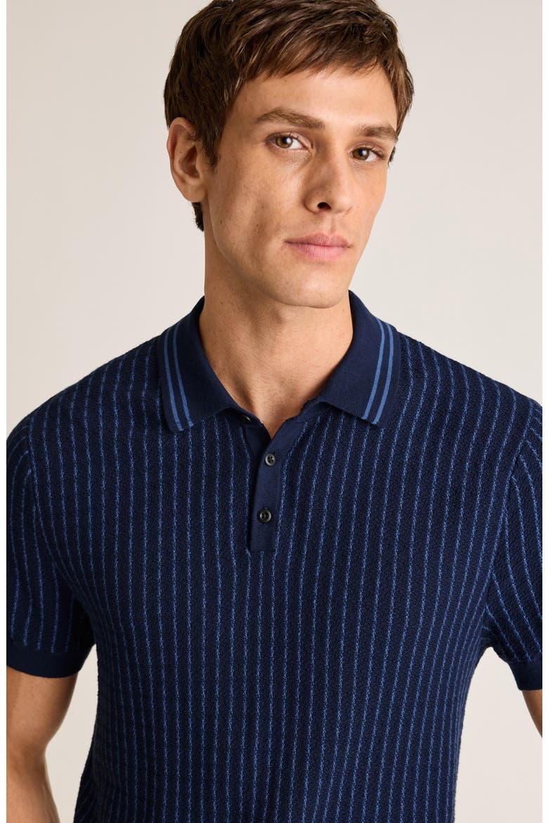 Hudson Short Sleeve Cotton Sweater Polo, Alternate, color, NAVY BLUE STRIPE TERRY COTTON