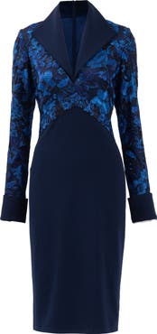 Tadashi Shoji Embroidery Detail Long Sleeve Crepe Sheath Dress