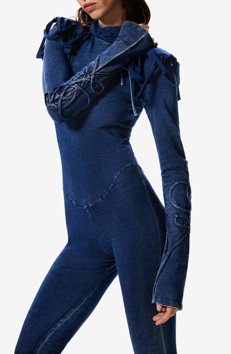 Desigual Texture Mock Neck Long Sleeve Jumpsuit, Alternate, color, Navy Blue