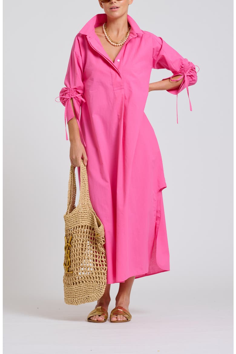 Gathered Long Sleeve Cotton Maxi Dress, Alternate, color, HOT PINK