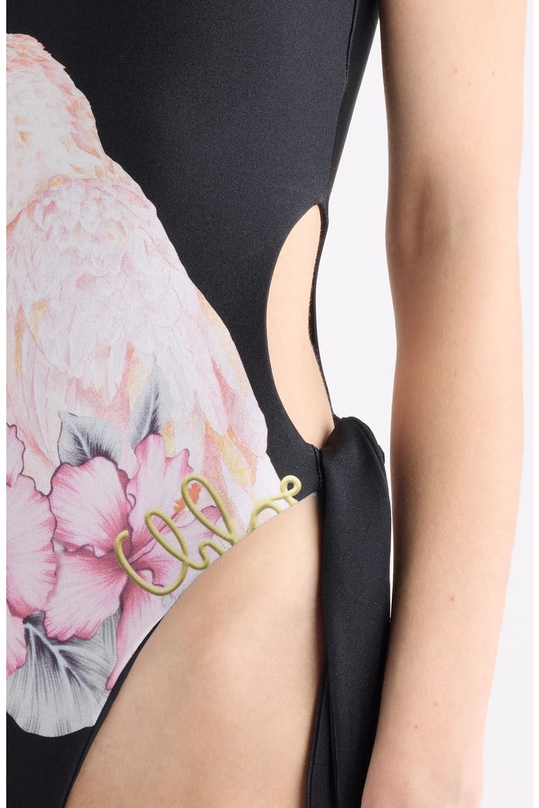 Parrot Print Cutout One-Piece Swimsuit, Alternate, color, BLACK MULTI
