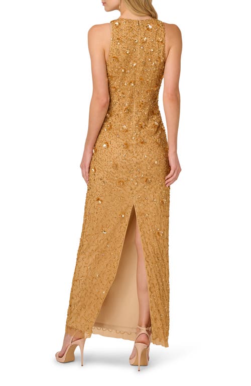 Adrianna Papell Beaded Sleeveless Column Gown In Brown