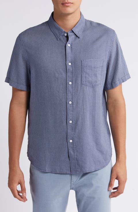 Carson Tile Print Short Sleeve Linen Blend Button-Up Shirt
