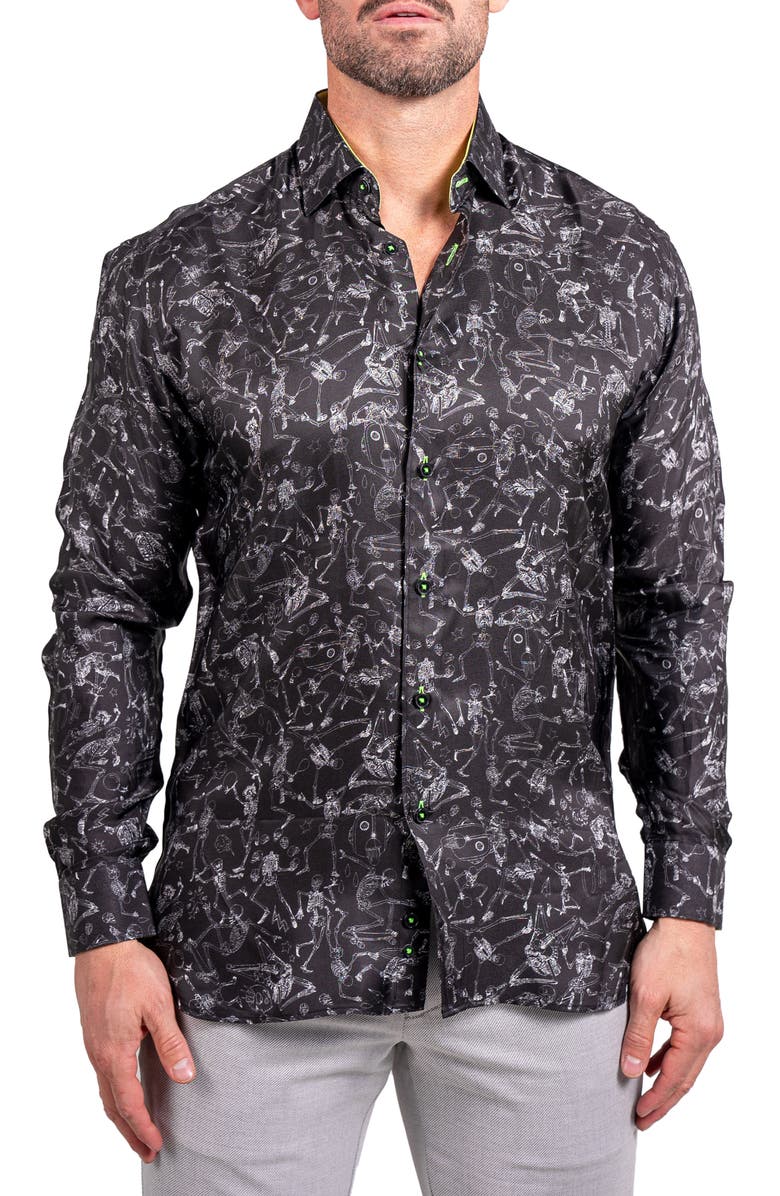 Maceoo Fibonacci Ascension 0208 Skull Print Contemporary Fit Button-Up Shirt, Main, color, Black
