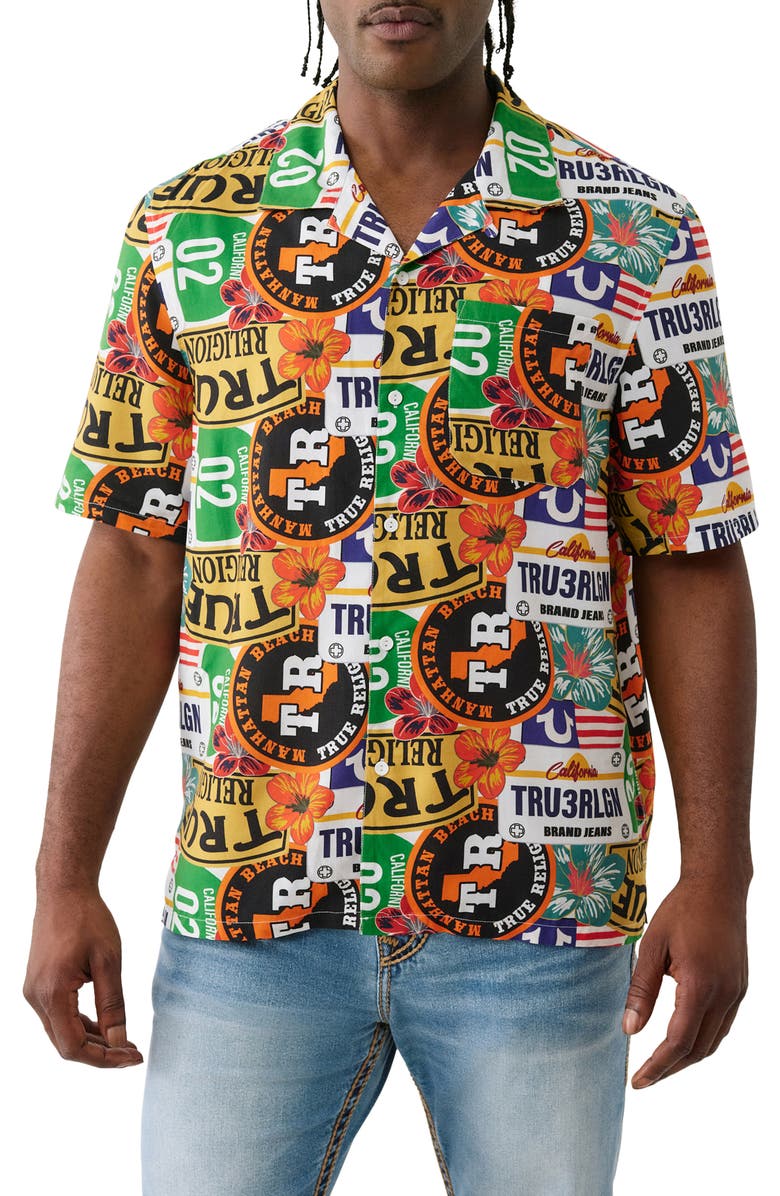 True Religion Allover Logo Cotton Camp Shirt, Main, color, White / Mix