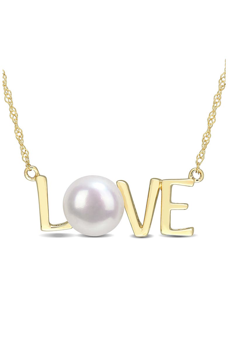 10K Yellow Gold Plated Sterling Silver 7-7.5mm Cultured Freshwater Pearl Love Script Necklace, Main, color, WHITE