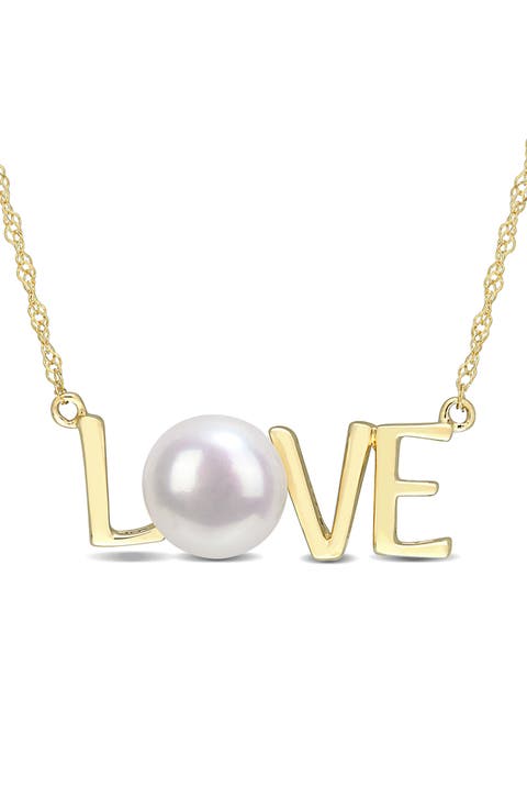 10K Yellow Gold Plated Sterling Silver 7-7.5mm Cultured Freshwater Pearl Love Script Necklace