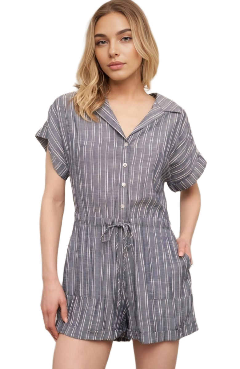 Knit and Lounge Striped Button Front Drawstring Waist Short Sleeve Cuffed Hem Romper, Main, color, Slate Blue