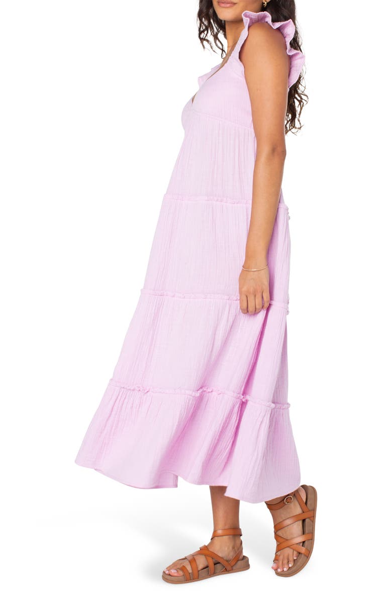 Roxy Palmy Days Tiered Cotton Midi Dress, Alternate, color, Orchid Bouquet Solid