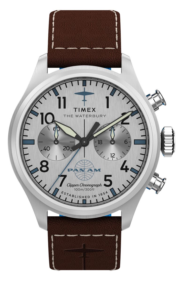 Timex<sup>®</sup> x Pan Am<sup>®</sup> Waterbury Ace Chronograph Leather Strap Watch, 41mm, Main, color, Silver-Tone