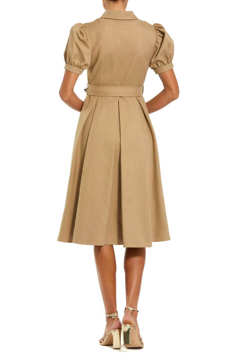 Mac Duggal Puff Sleeve Twill Button Up Midi Dress With Belt, Alternate, color, Taupe