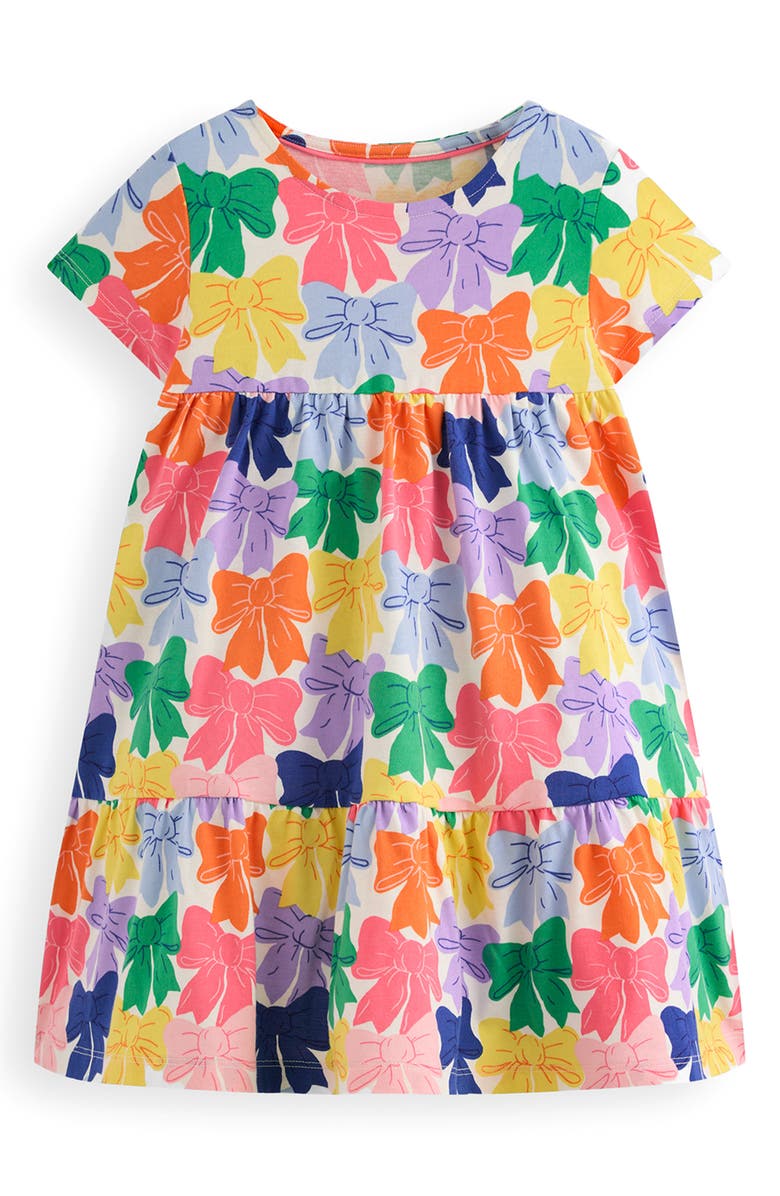 Mini Boden Kids' Ariel Bow Print Twirly Cotton Jersey Dress, Main, color, Multi Rainbows Bows