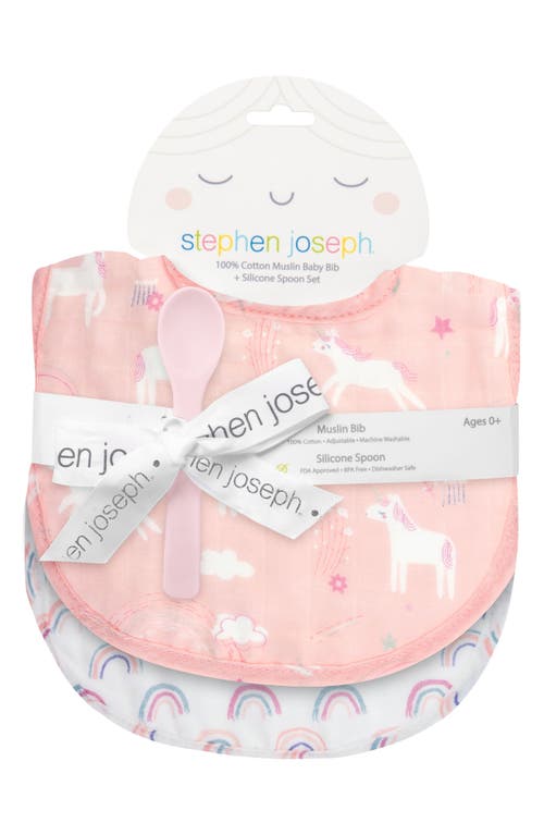 Stephen Joseph 2-pack Cotton Muslin Bibs & Silicone Spoon Set In Pink