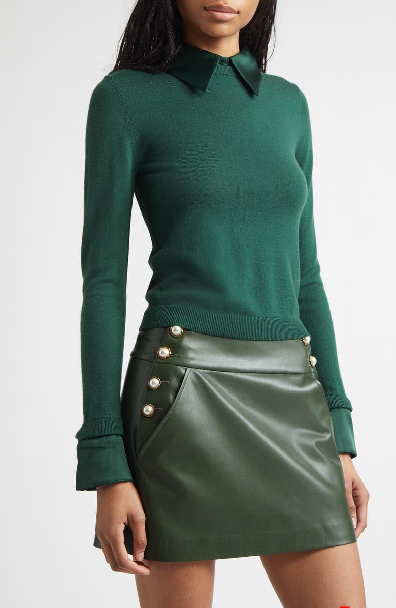 Alice + Olivia Porla Satin Trim Stretch Wool Sweater, Alternate, color, Green Mystique