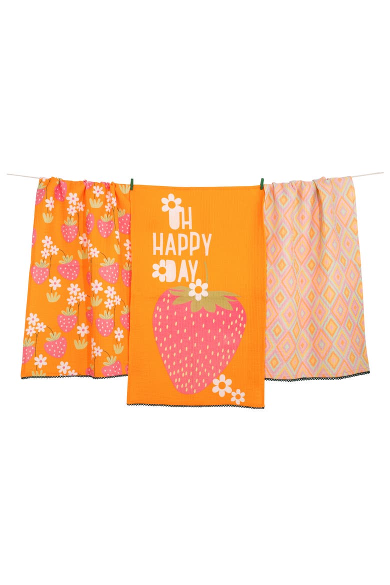 Oh Happy Day Set of 3 Kitchen Towels, Main, color, BRIGHT ORANGE/ PINK