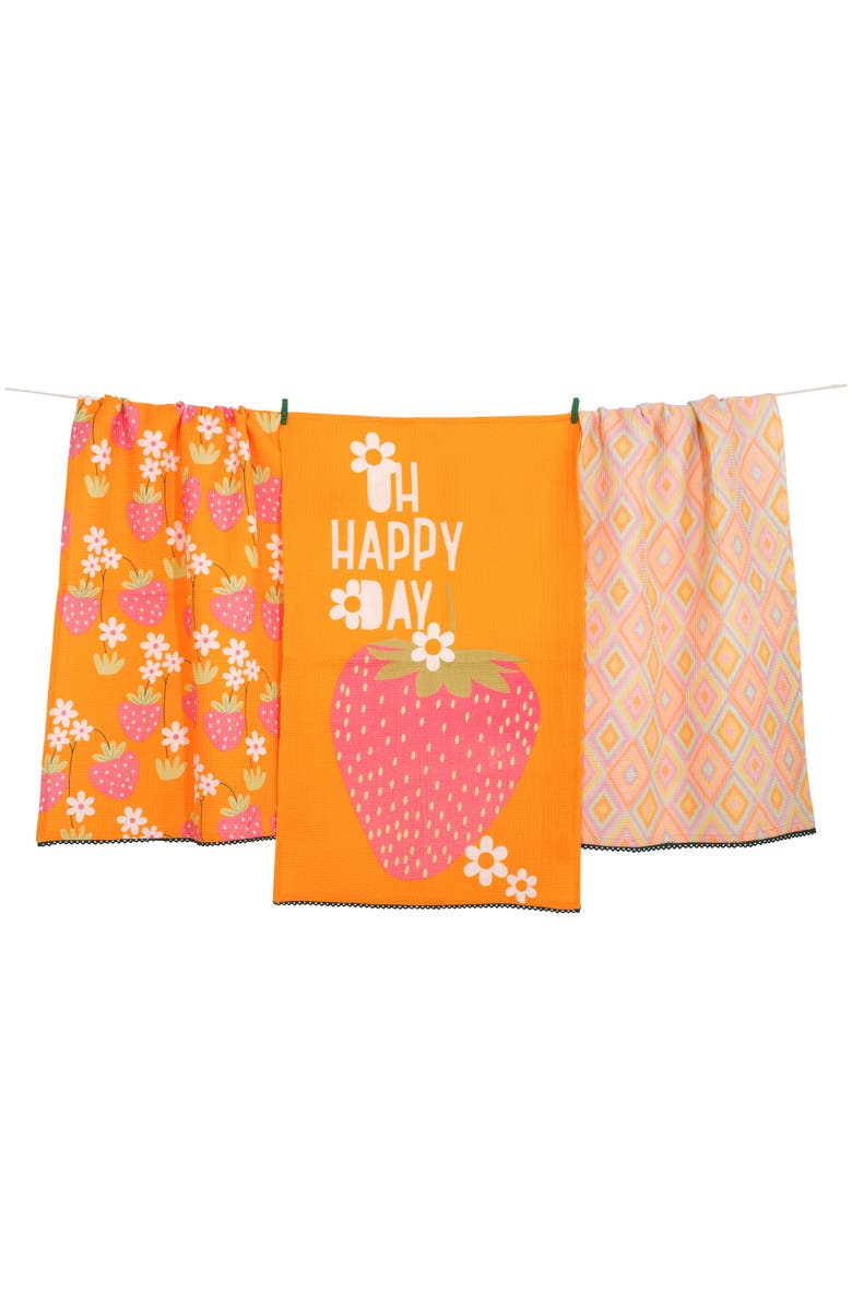 Tiramisu Oh Happy Day Set of 3 Kitchen Towels, Main, color, Bright Orange/ Pink