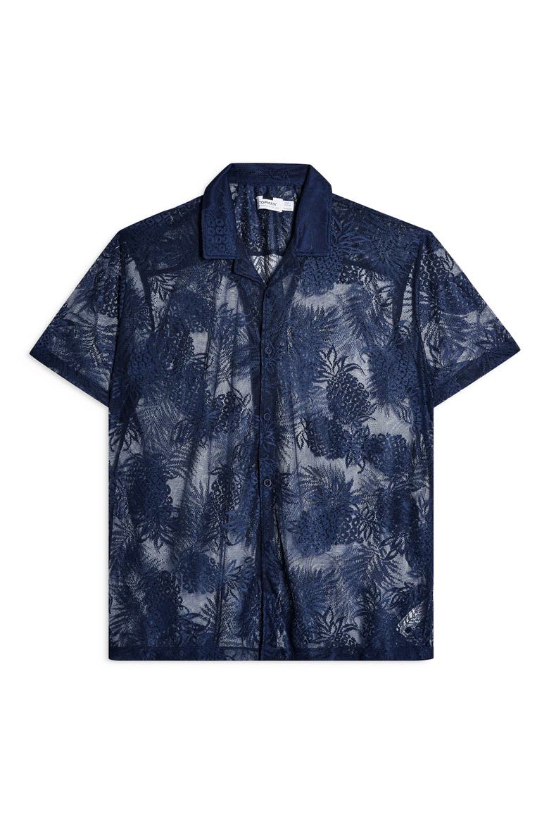 Palms Mesh Short Sleeve Button-Up Camp Shirt, Alternate, color, NAVY BLUE