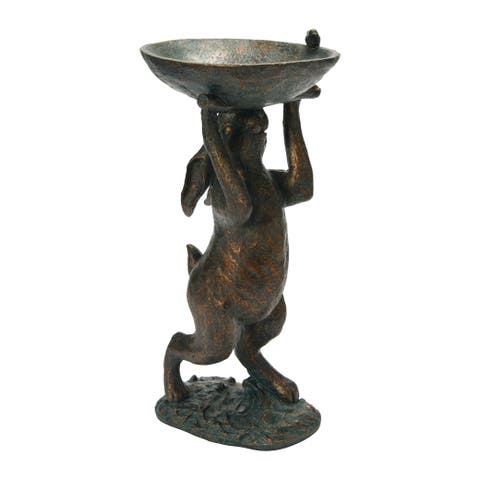 Decorative Resin Rabbit Bird Bath, Green Patina Finish