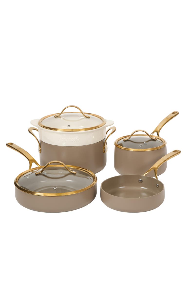8 Piece Pots and Pans Heavy Duty Aluminum Premium PFA Free Ceramic Nonstick Dutch Oven Pot with Lid, Main, color, Cappuccino Cream