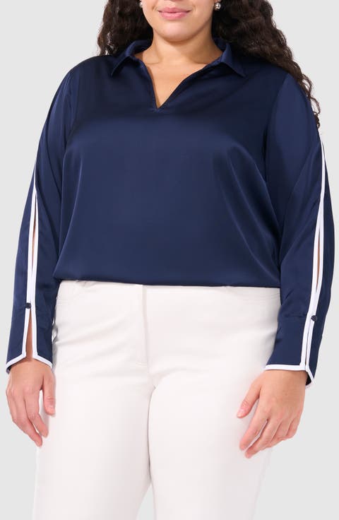 Split Sleeve Contrast Trim Satin Popover Top (Plus)