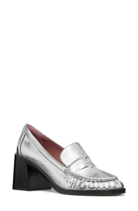 metallic leather penny loafer pump