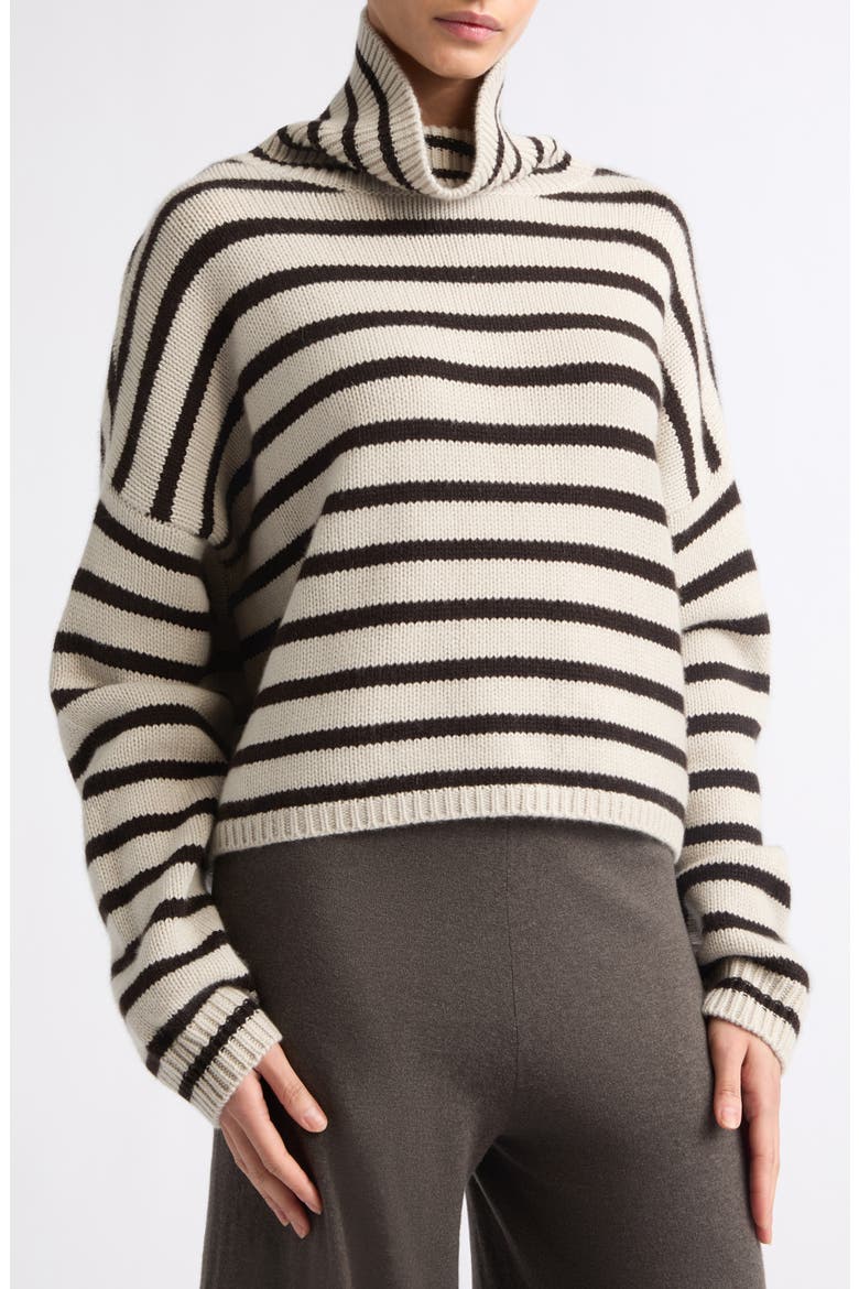 Zerlina Stripe Cashmere Turtleneck Sweater, Alternate, color, OYSTER/ DARK OAK STRIPES
