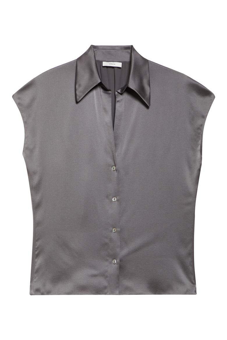 Cap Sleeve Gathered Back Short Sleeve Silk Button-Up Shirt, Alternate, color, WOLF