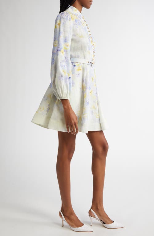 Shop Zimmermann Floral Print Belted Linen Minidress In Lilac Floral