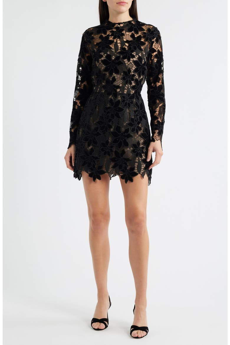 Zia Velvet Floral Lace Long Sleeve Cocktail Minidress, Main, color, BLACK