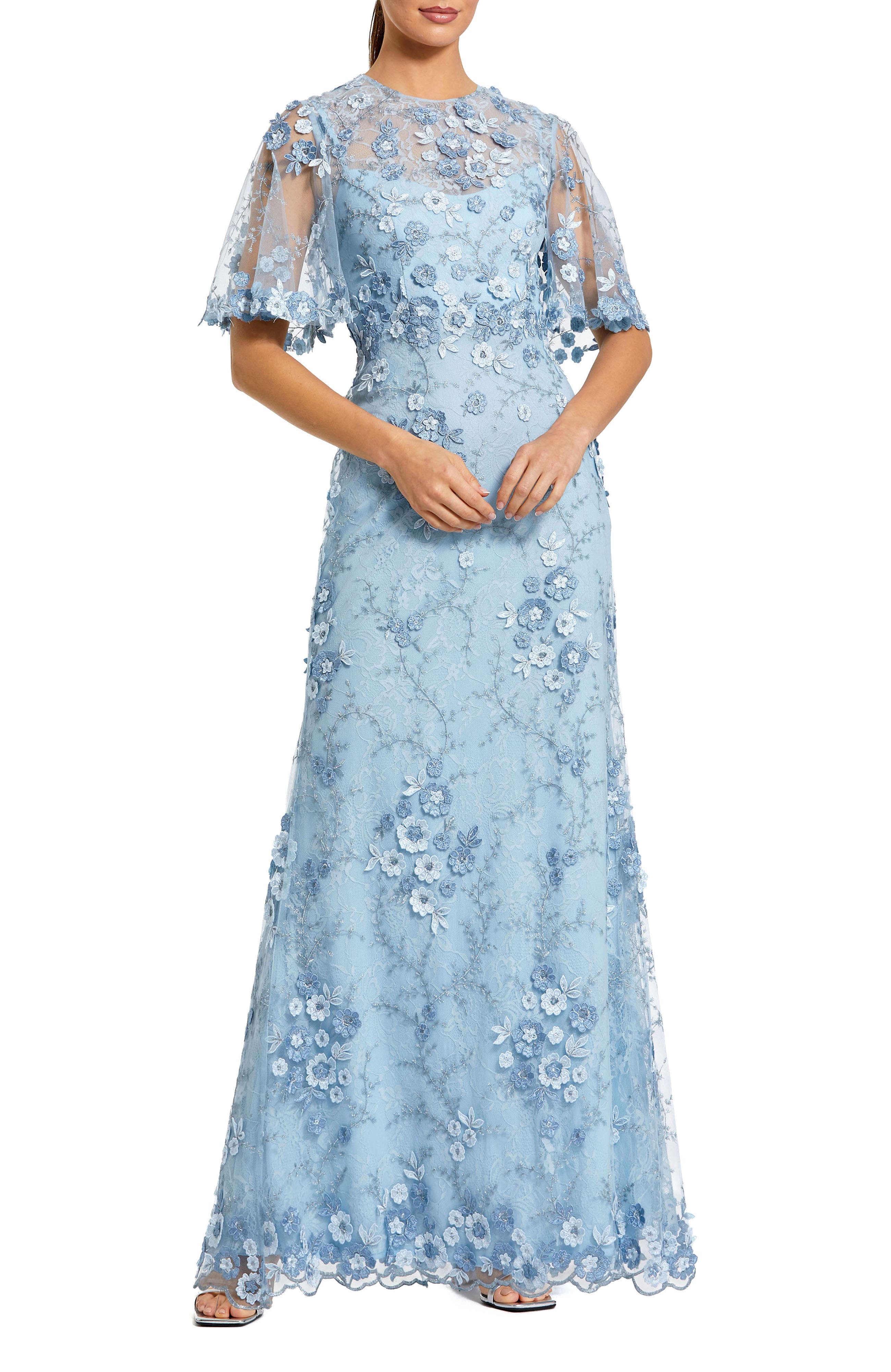 Women's Flutter Sleeve Floral Emboridered Net Gown