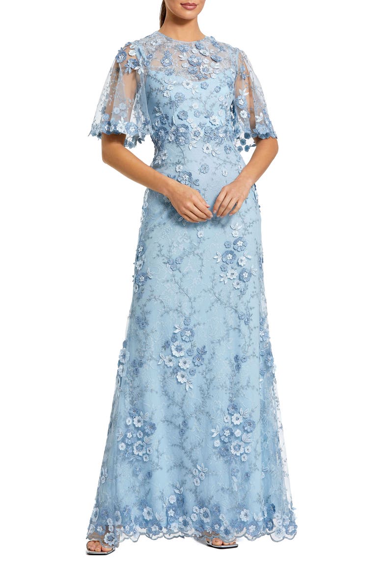Women's Flutter Sleeve Floral Emboridered Net Gown, Main, color, French Blue
