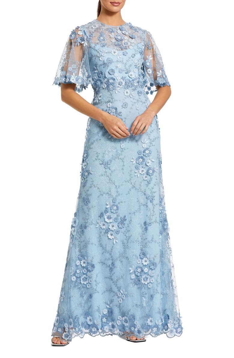 Mac Duggal Women's Flutter Sleeve Floral Emboridered Net Gown, Main, color, French Blue