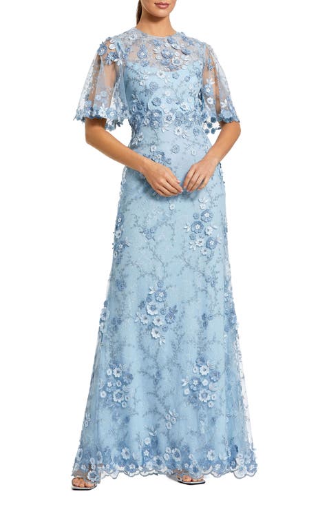 Women's Flutter Sleeve Floral Emboridered Net Gown