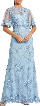 Mac Duggal Women's Flutter Sleeve Floral Emboridered Net Gown