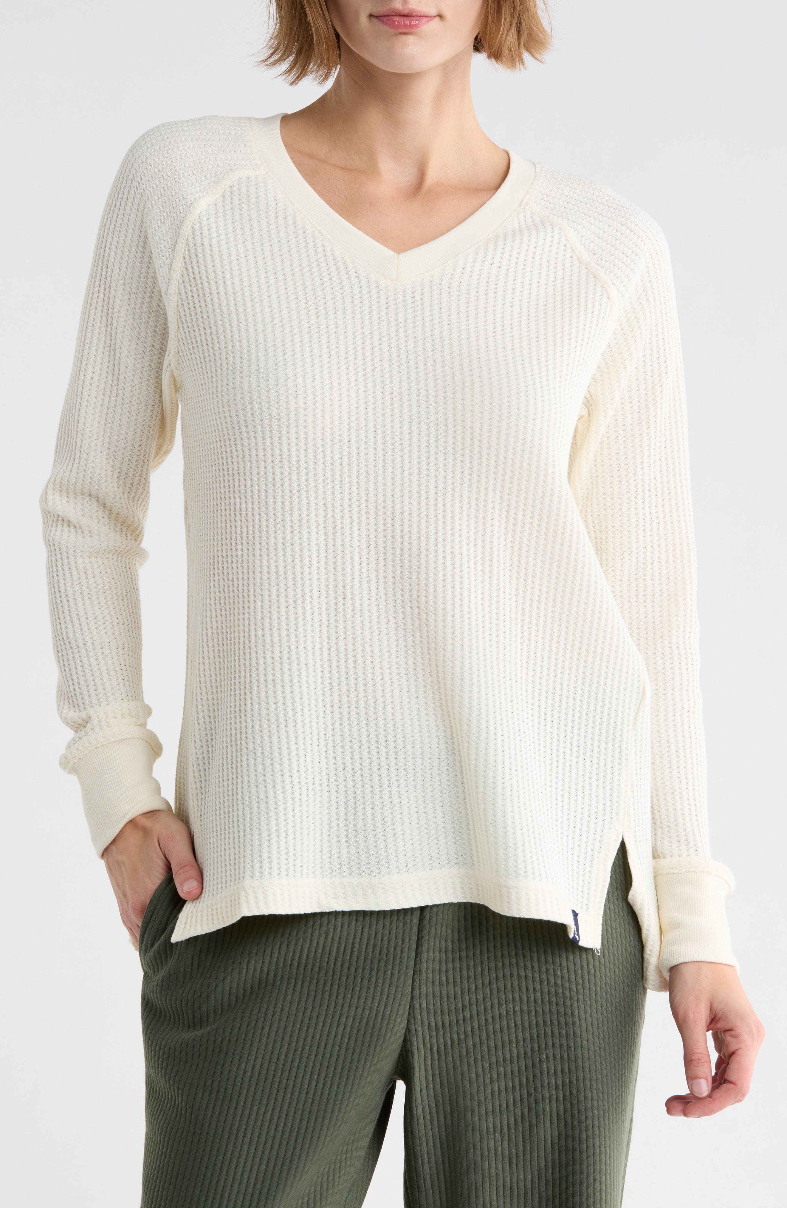 V-Neck Long Sleeve Waffle Knit Top