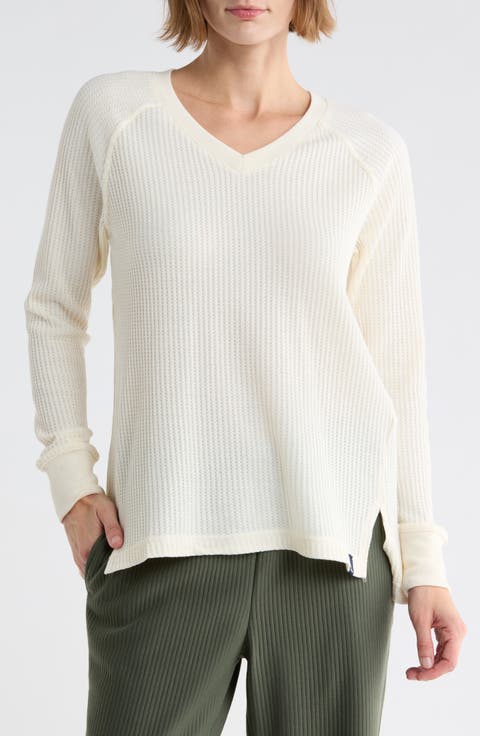 V-Neck Long Sleeve Waffle Knit Top