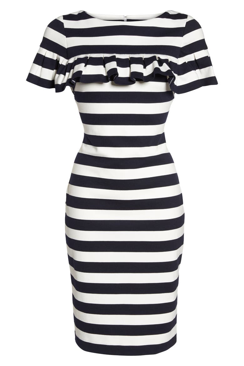 Stripe Ruffle Sheath Dress, Alternate, color, NAVY/ IVORY