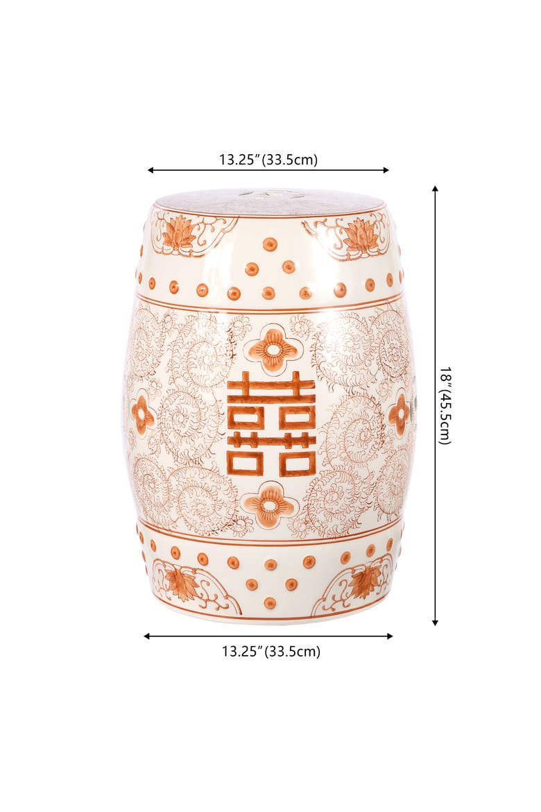 Double Happiness Traditional Ceramic Garden Stool, Indoor/Outdoor Chinoiserie Double Happiness Patio Drum Accent Side Table, Alternate, color, Orange/White