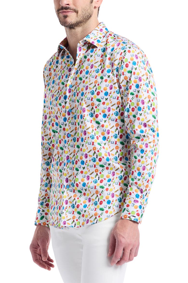 Garnish Print Stretch Cotton Button-Up Shirt, Alternate, color, WHITE MULTI