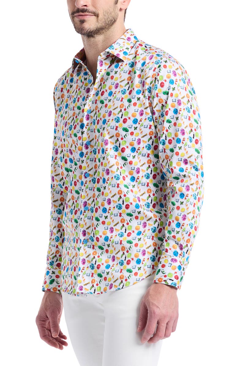 Robert Graham Garnish Print Stretch Cotton Button-Up Shirt, Alternate, color, White Multi