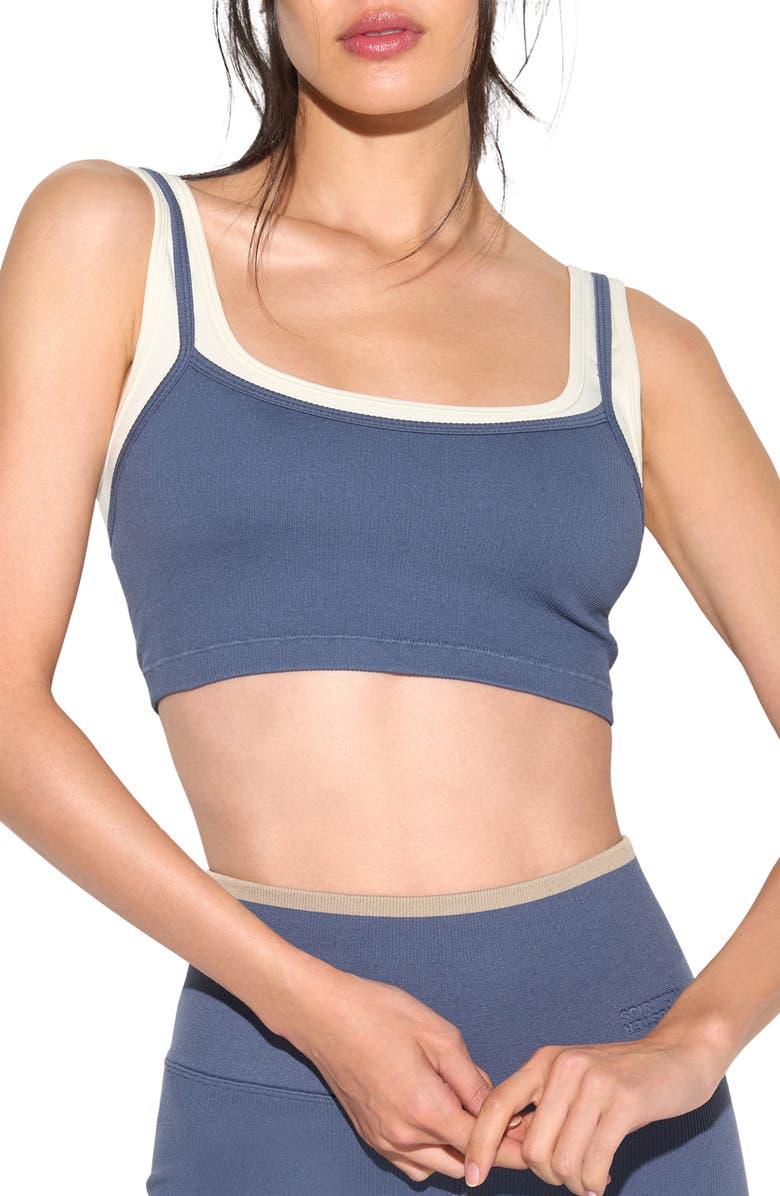 Spiritual Gangster Gemini Longline Sports Bra, Main, color, Vintage Indigo