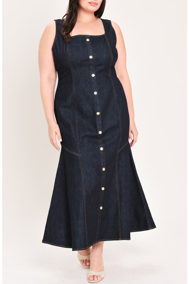 Square Neck Button Front Midi Dress, Alternate, color, DARK INDIGO