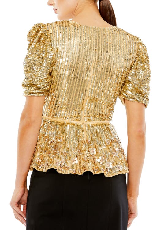 Mac Duggal Sequined Puff Sleeve Faux Wrap Top In Gold