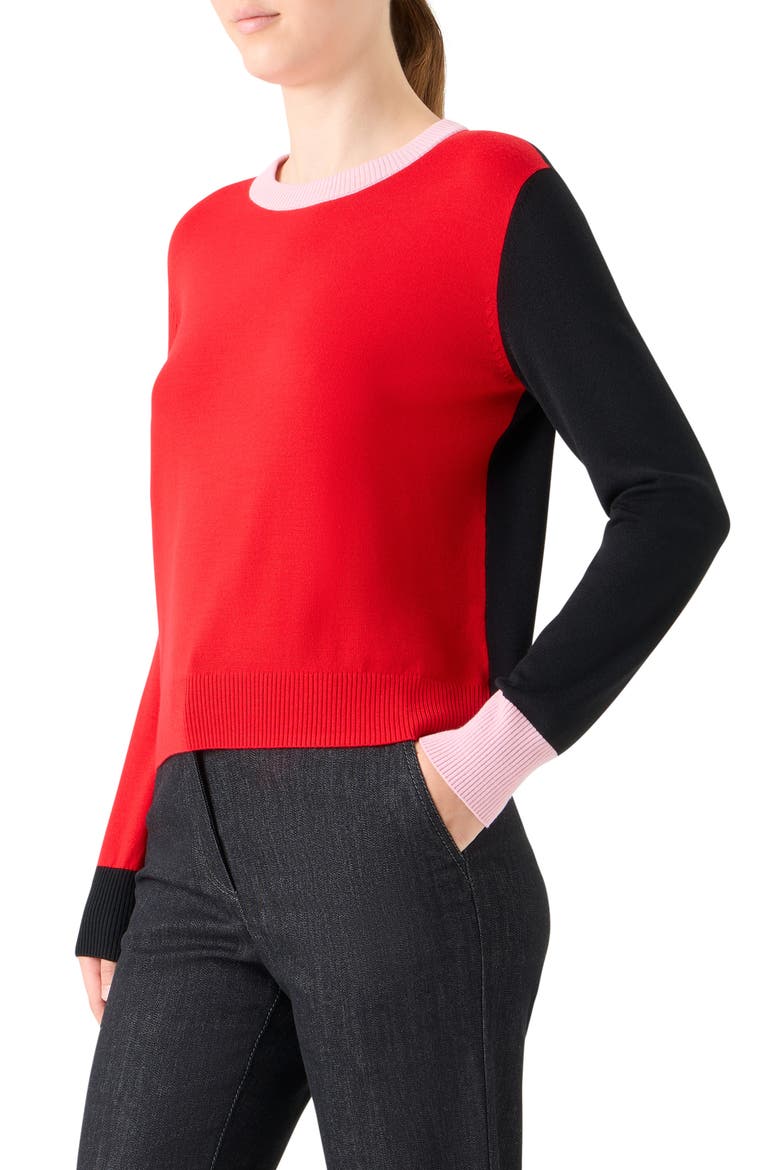 Colorblock Virgin Wool Sweater, Alternate, color, BRIGHT RED-BLACK-ROSE