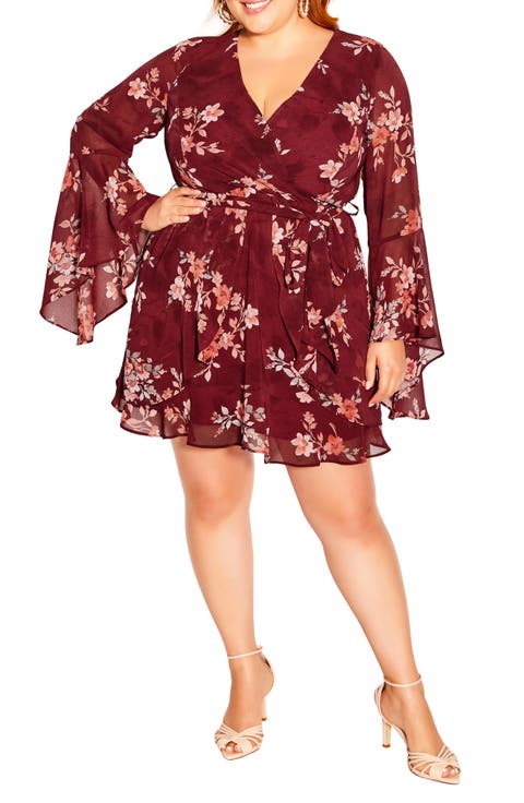 Danna Print Long Sleeve Faux Wrap Dress (Plus)