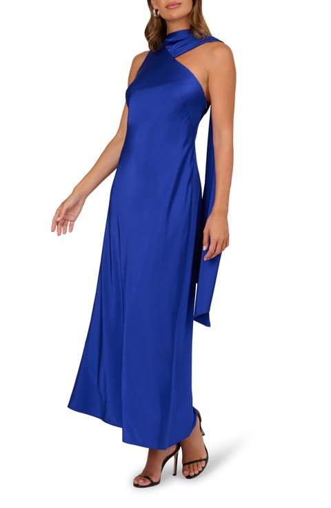 Scarf Detail Stretch Satin Gown