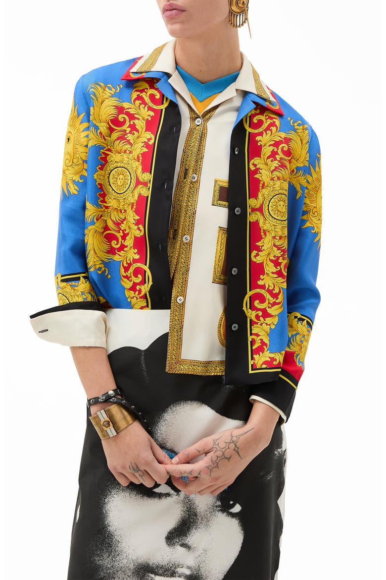 Barocco Print Silk Twill Bowling Shirt, Main, color, BLUE GOLD